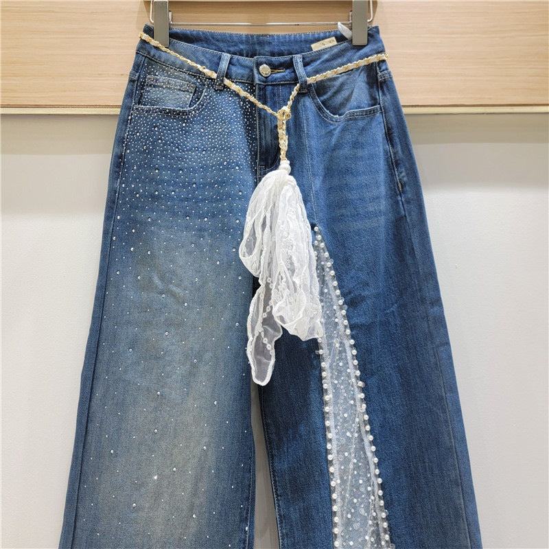 Women's Stitching Rhinestone Summer Korean Style High Jeans