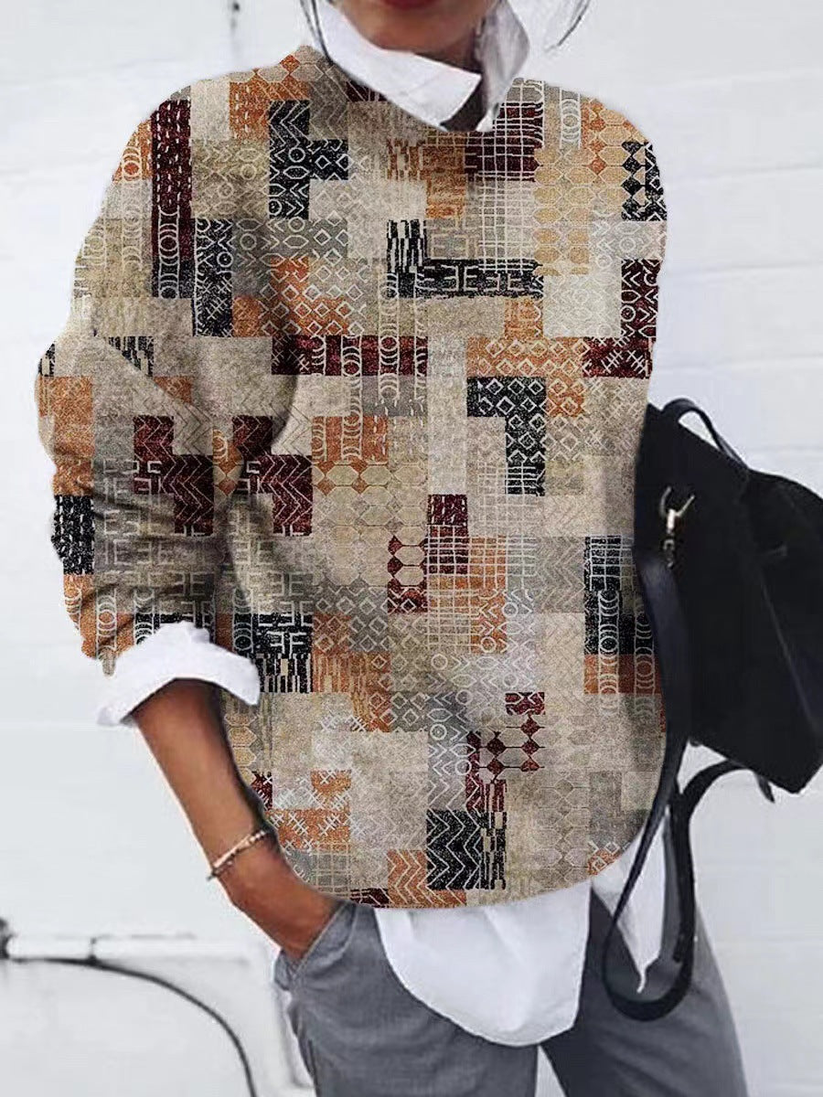 Women's Fashion Brushed Geometric Printed Loose Long Blouses