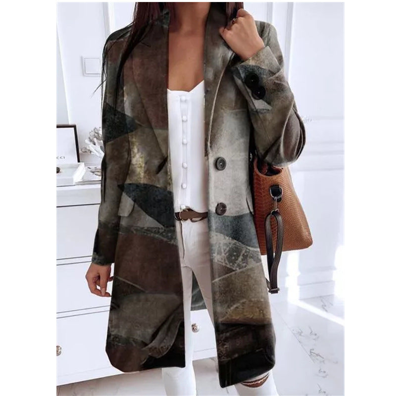 Women's Art Print Loose Oversized Woolen Coats