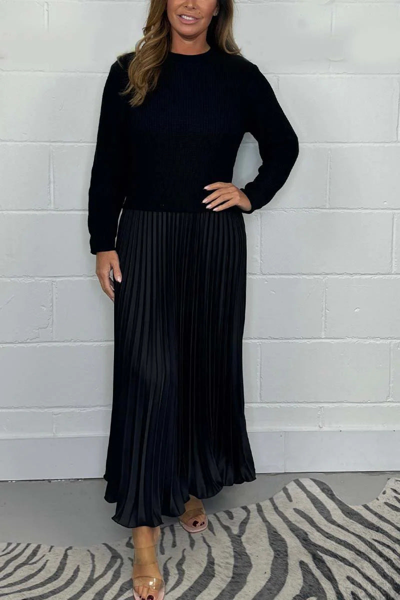 Women's Solid Color Knitted Long-sleeved Pullover Stitching Dresses