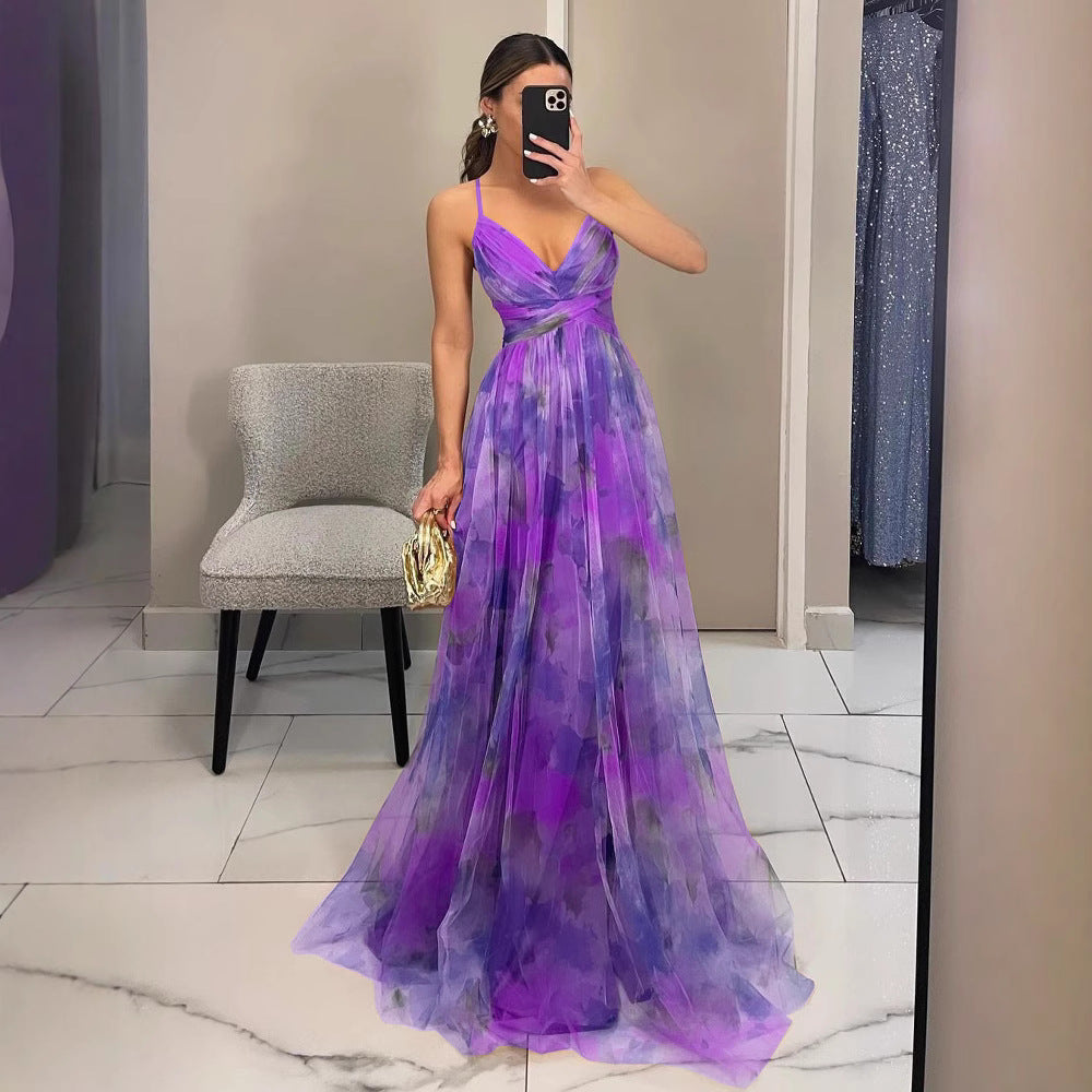Mesh Printing Slip Dress Vacation Leisure Dresses