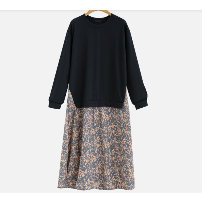 Long-sleeved T-shirt Stitching Printing Swing Dress Dresses
