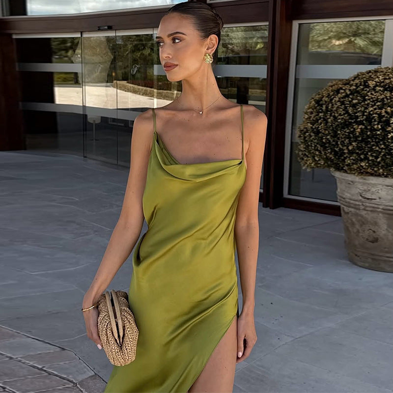 Elegant Sexy Solid Color Stitching Tied Slim Strap Dresses
