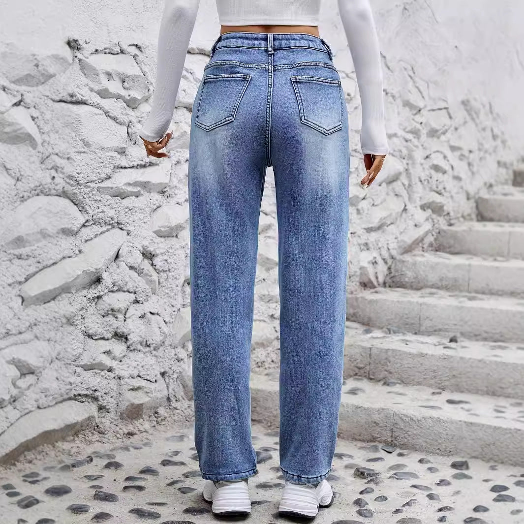 Women's Stretch Fleece Straight Slimming Denim Trousers Jeans