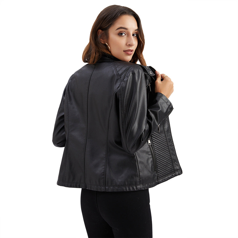Women's Casual Leather Stand Collar Solid Color Jackets