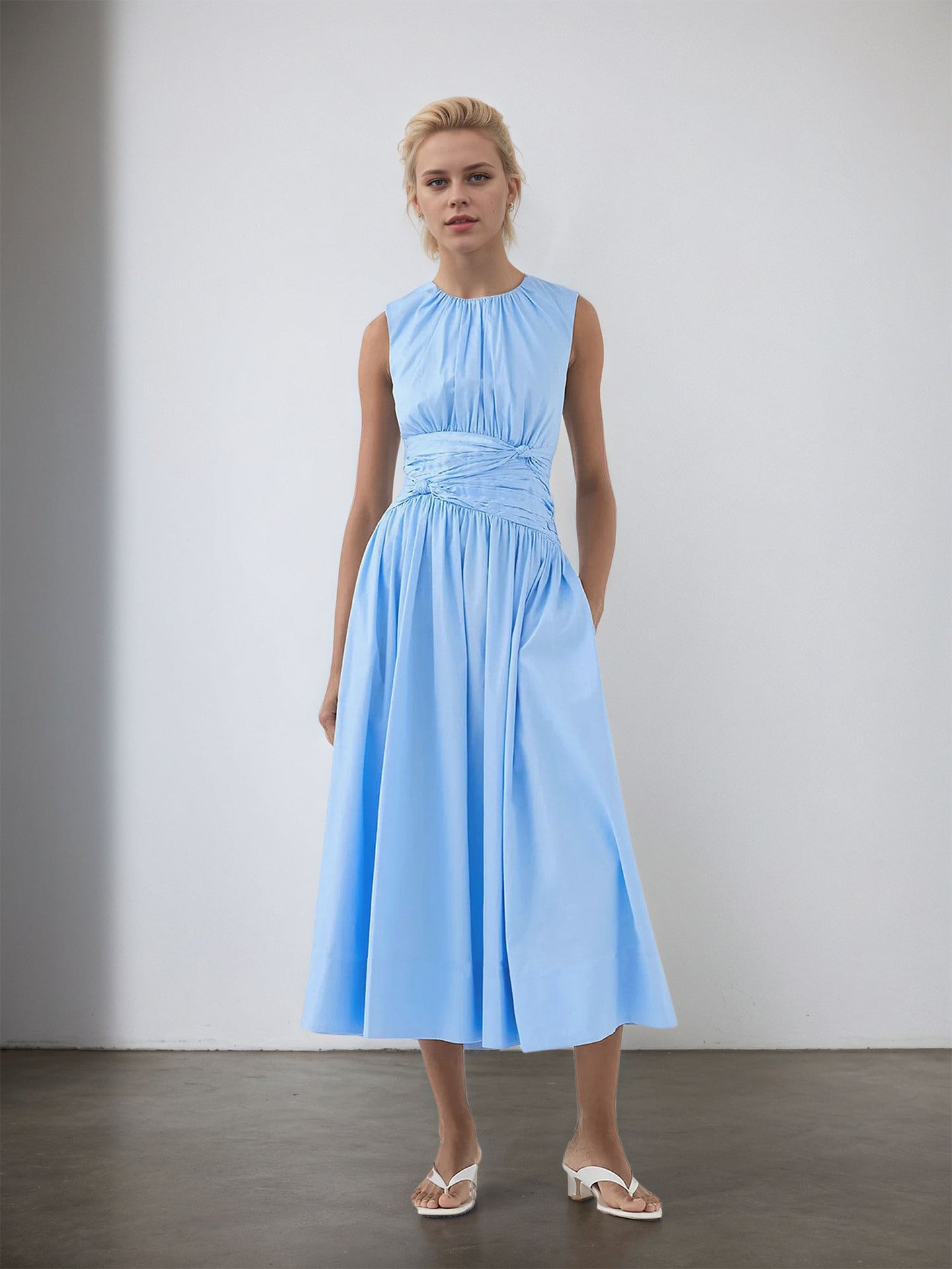 Women's Blues Round Neck Pleated Pocket Versatile Dresses
