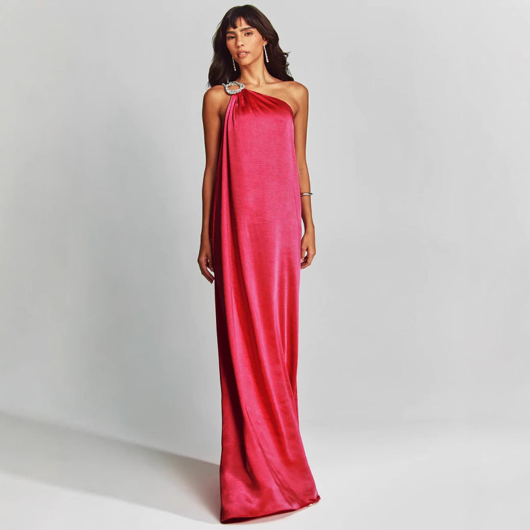 Satin Slant Shoulder Long Dress Loose Dresses