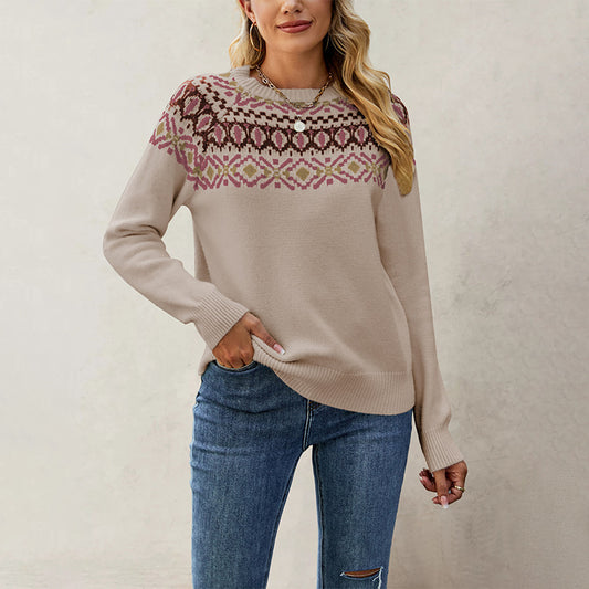 Jacquard Vintage Large Round Neck Pullover Sweaters