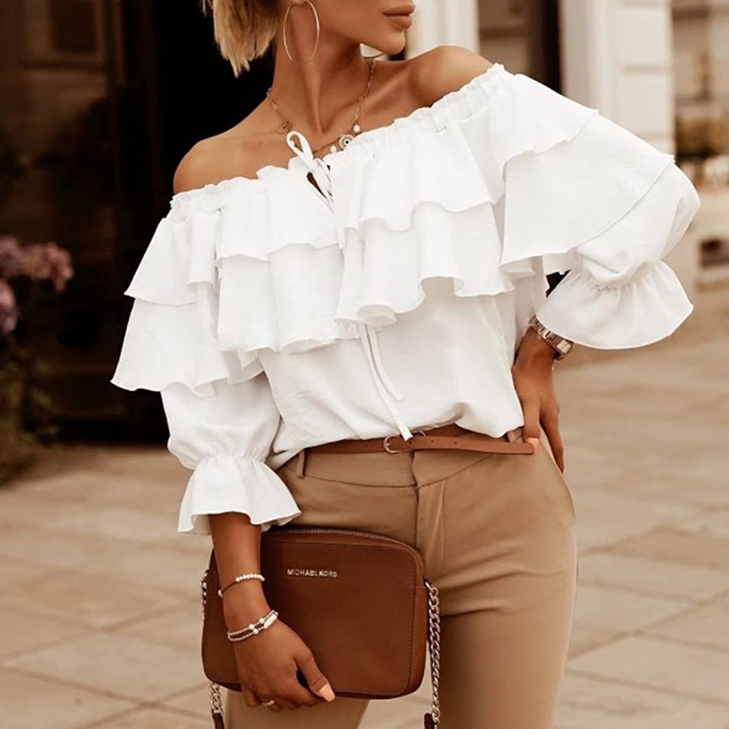 Women's Shoulder Tied Lotus Leaf Casual Loose Blouses