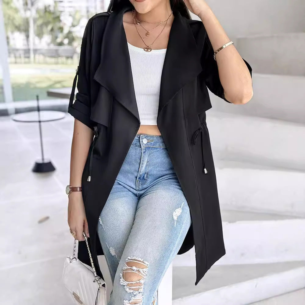 Women's Loose Solid Color Rolled Sleeves Mid-length Coats