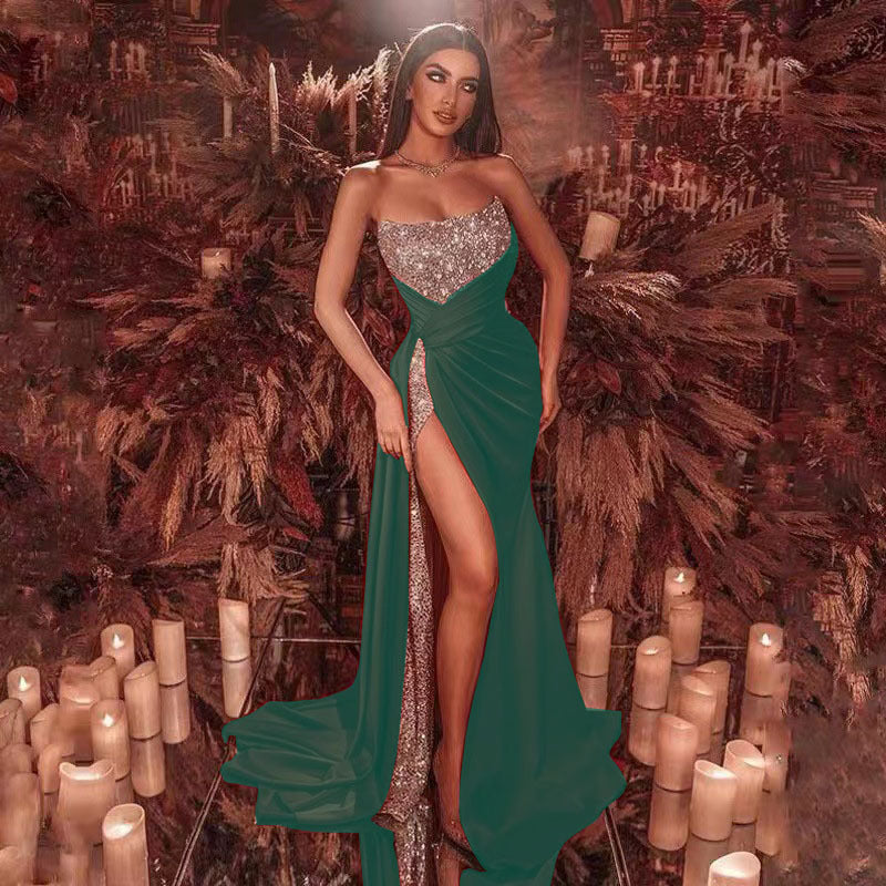 Women's Sequined Slit Long Dress Sexy Tube Dresses