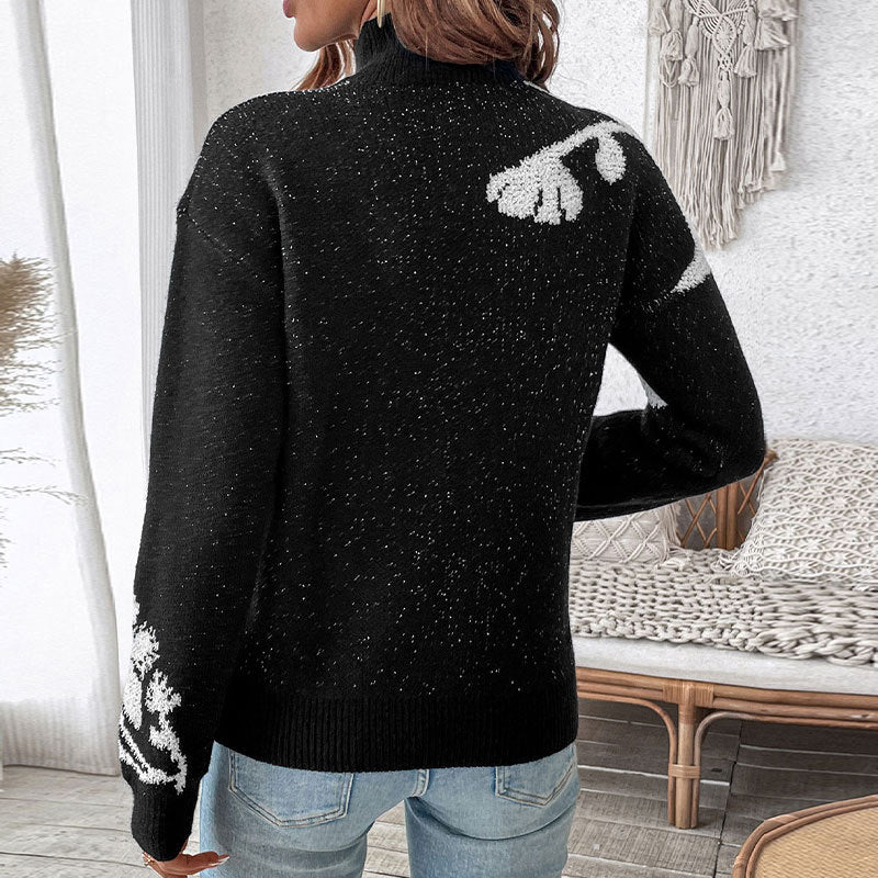 Women's Black With High Collar Flowers Print Sweaters