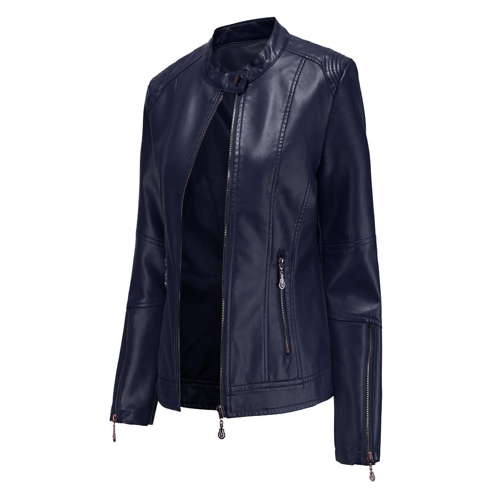 Women's Fashion Leather Stand Collar Thin Dark Jackets
