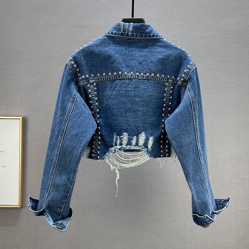 Women's Rivets With Diamonds Denim Worn Beaded Jackets