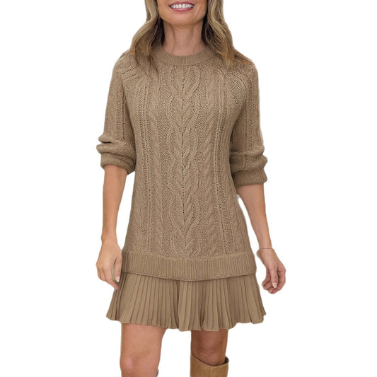 Round Neck Twist Knitted Chiffon Stitching Sweet Dresses