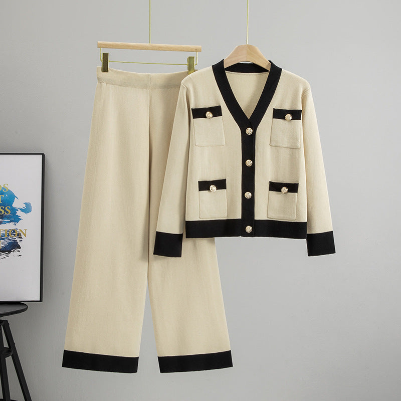 Women's Autumn Contrast Color Knitted Loose-fitting Two-piece Fashion Casual Suit