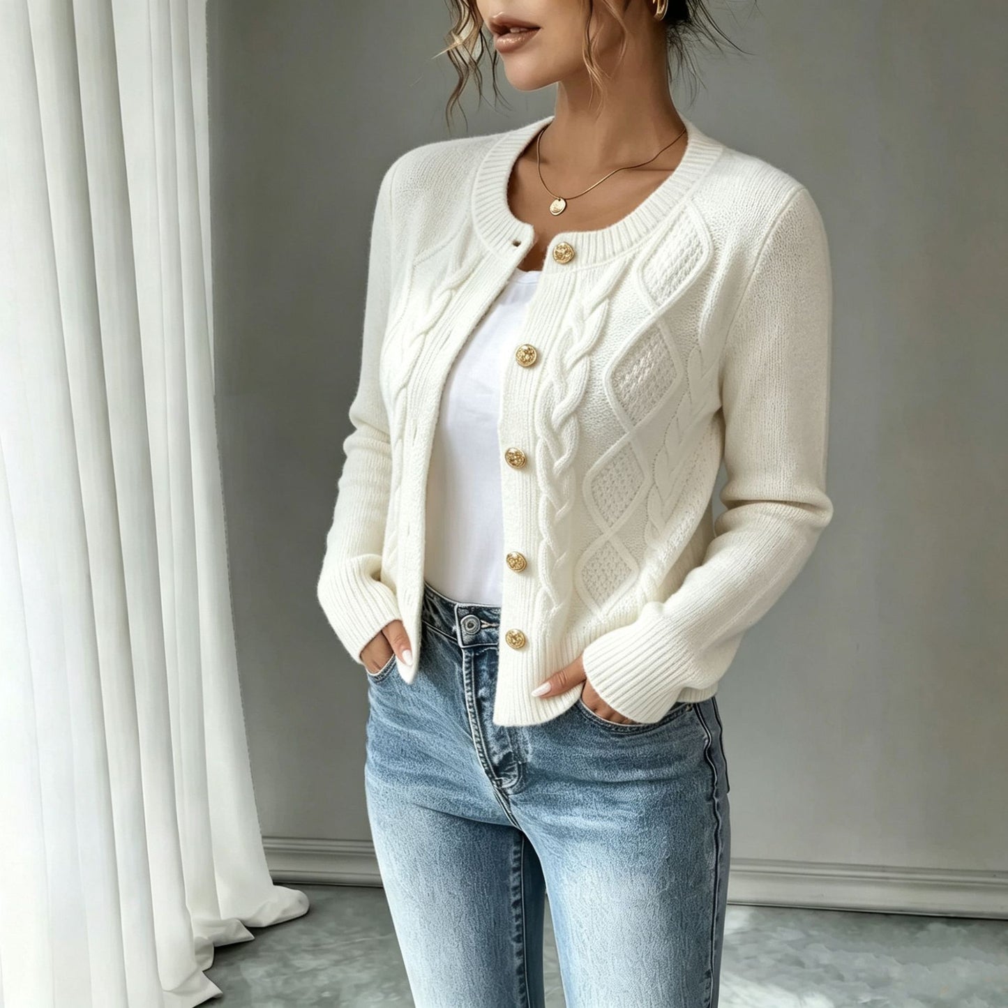 Women's Fashion Wear Slimming Single-breasted Knitted Long-sleeved Sweaters