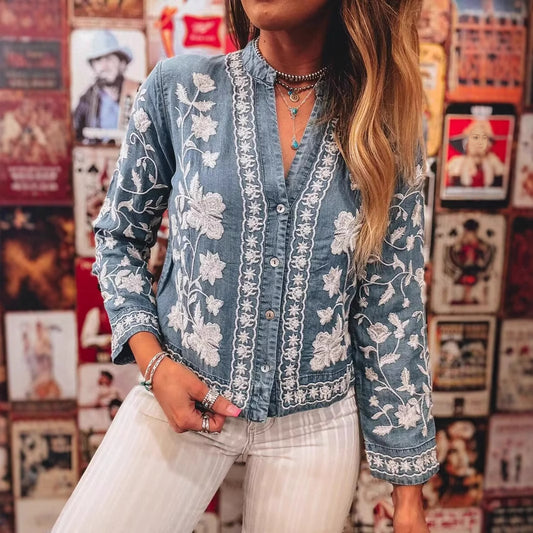 Women's Cool Embroidered Denim Buttons Long-sleeved Blouses