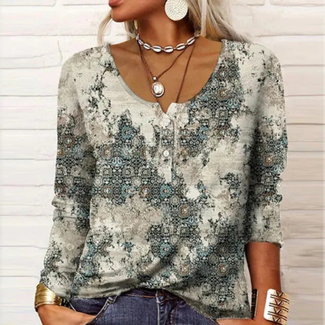 Women's Casual Loose Long-sleeved Geometric Floral Button Blouses