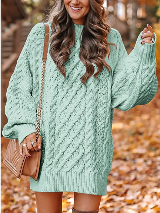 Women's Neck Long Sleeve Large Profile Twisted Knitted Knitwear