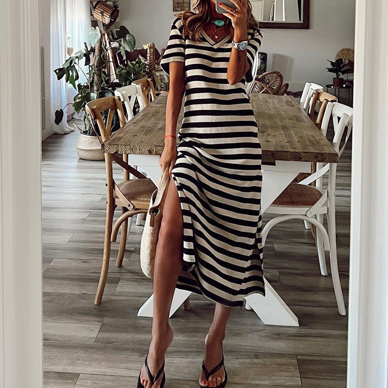 Women's Spring Striped Printed Dress Slit Loose Plus Size