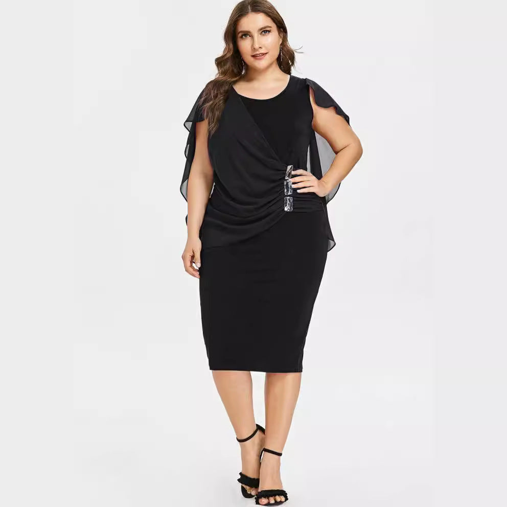 Women's Sleeve Chiffon Shawl Tight Mid Asymmetric Dresses