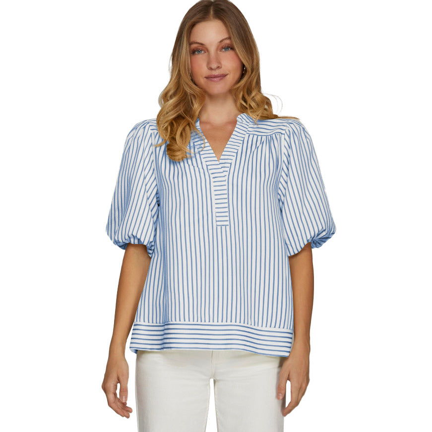 Women's Shirt Stitching Puff Sleeve Striped Blouses