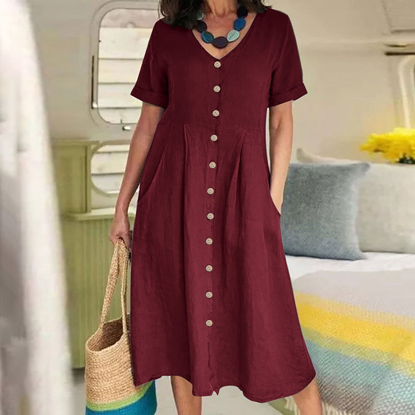 Solid Color Loose High Waist Cotton Dresses