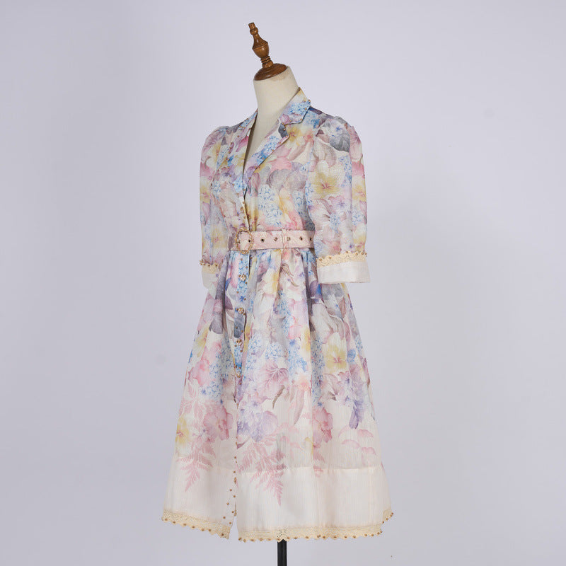 Women's Collar Sleeve Single-breasted Printed Elegant Dress Dresses