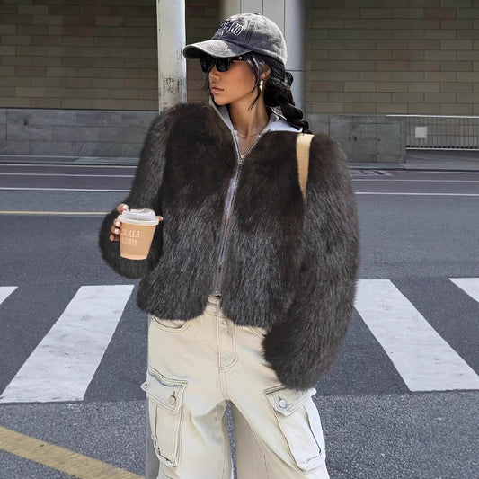 Women's Brown Faux Fur Light Luxury Furry Coats