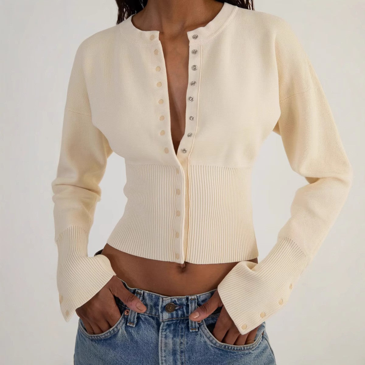 Women's High Waist Round Neck Single-breasted Sweaters