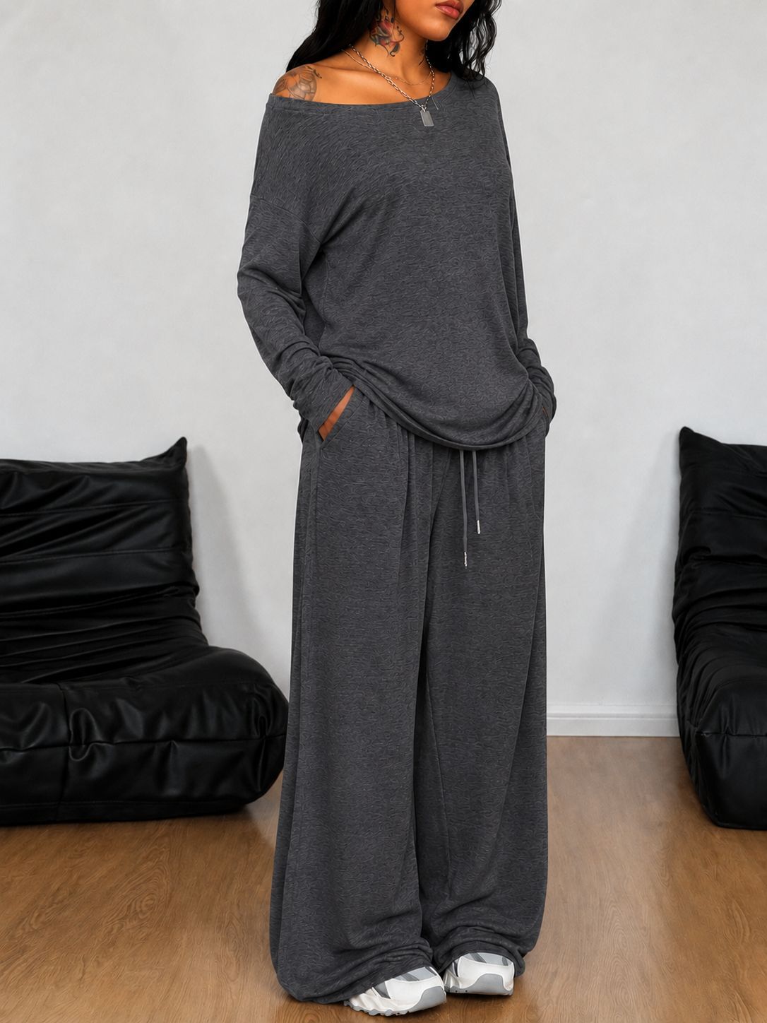 Women's Diagonal Collar Wide Leg Solid Color Fashion Casual Suit