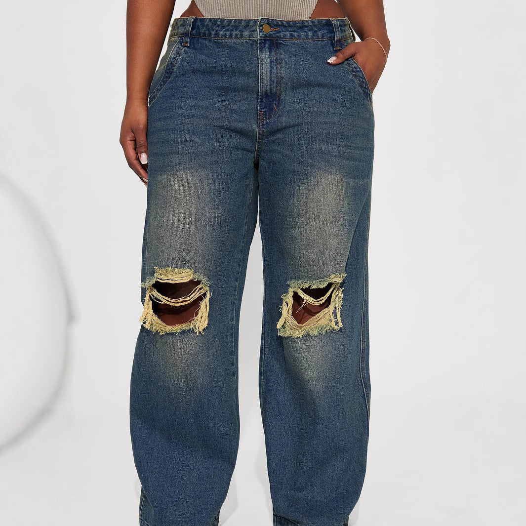 Women's Ripped Model Retro Street Worn Washed Pants