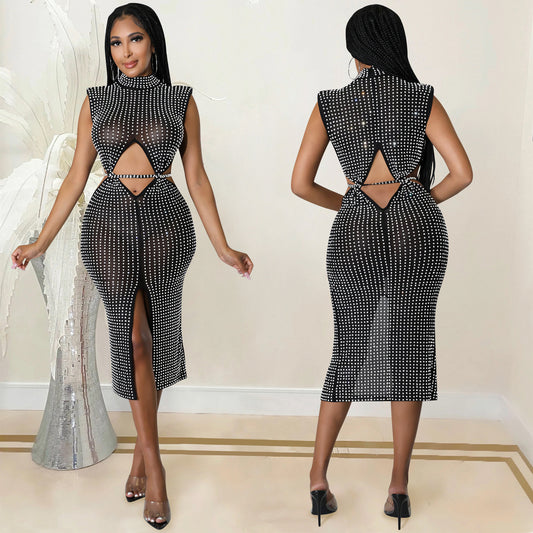 Women's Fashion Sexy Mesh Rhinestone Hollow Split Dresses