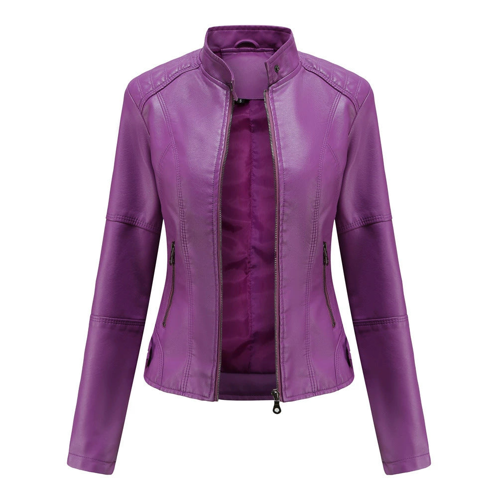 Women's European Leather Slim Thin Motorcycle Stand Jackets