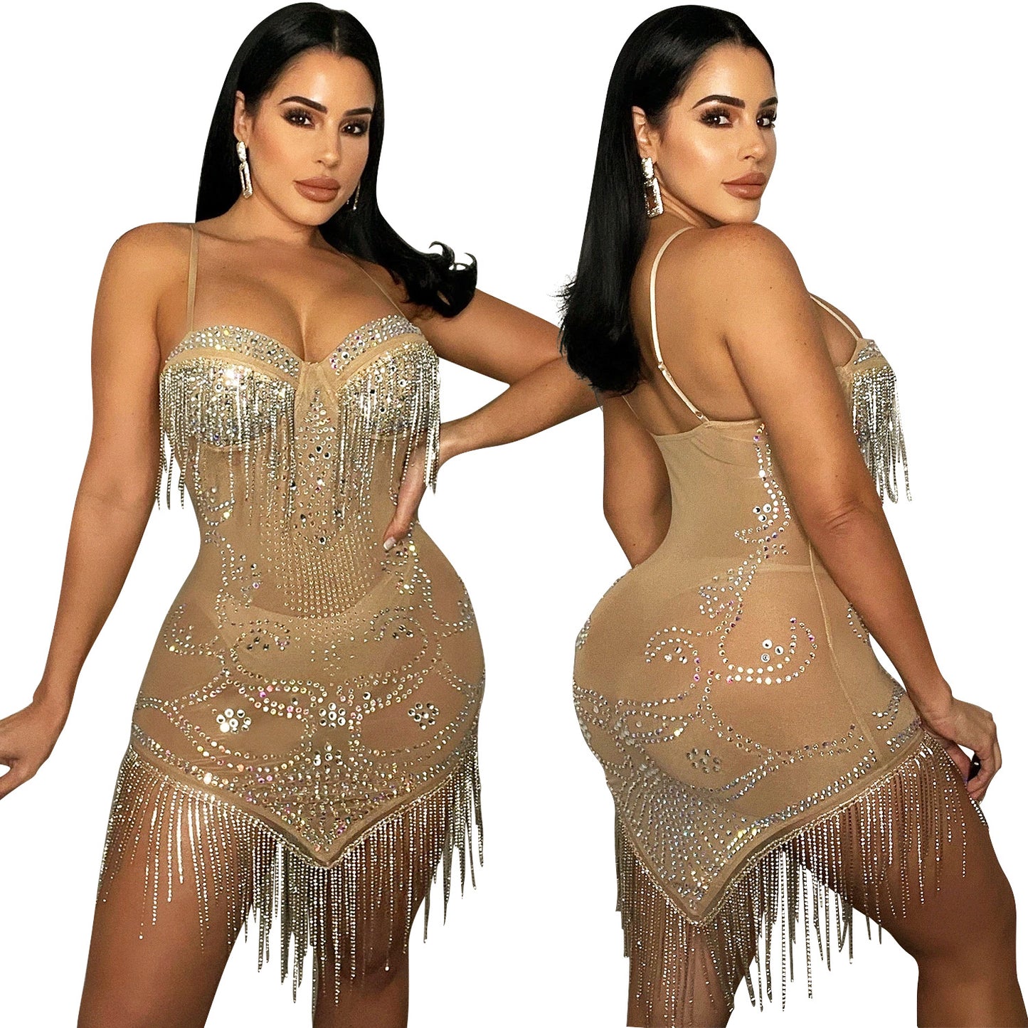 Women's Summer Sexy Mesh Rhinestone Strap Tassel Dresses