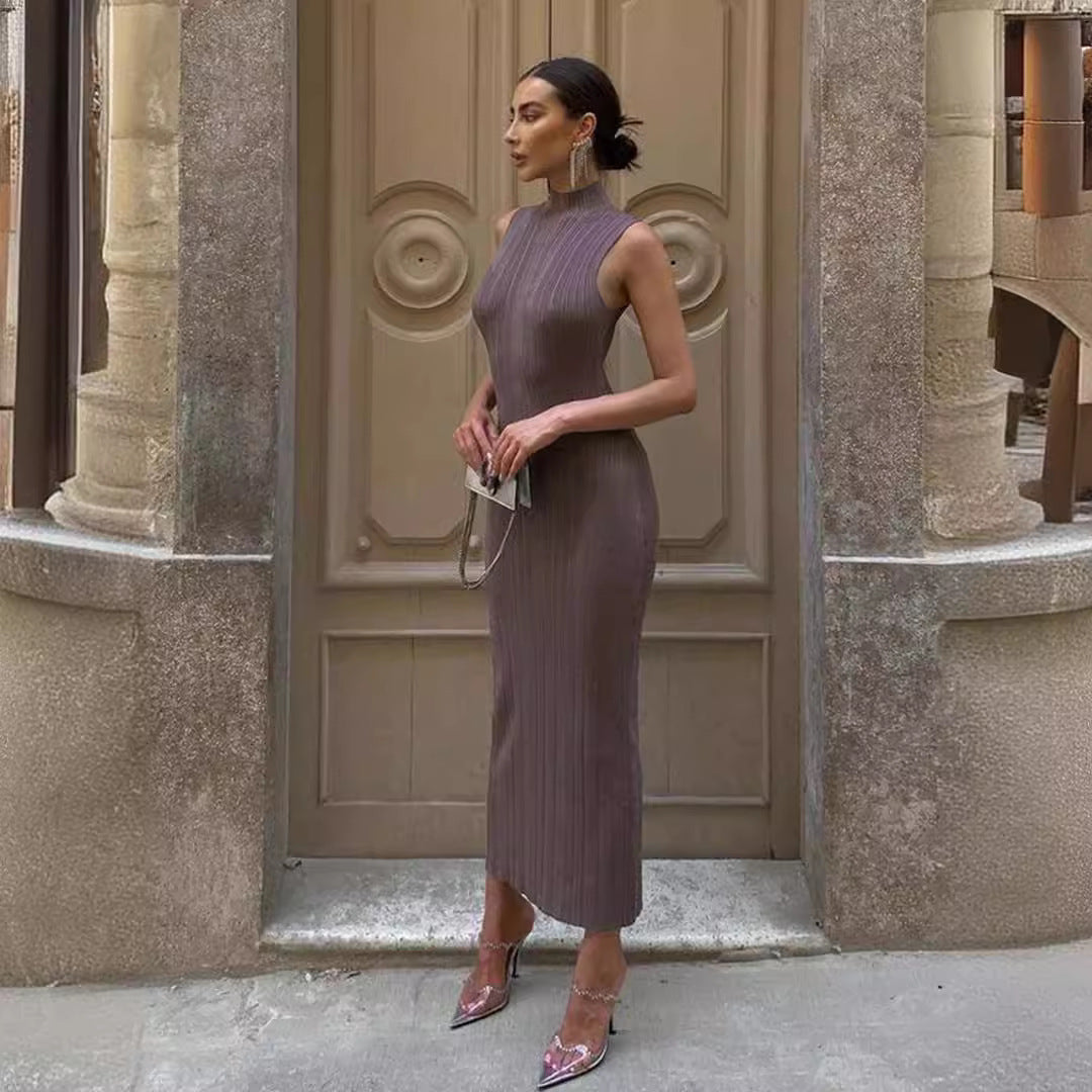 Knitted Turtleneck Sleeveless Tight Midi Dress Dresses