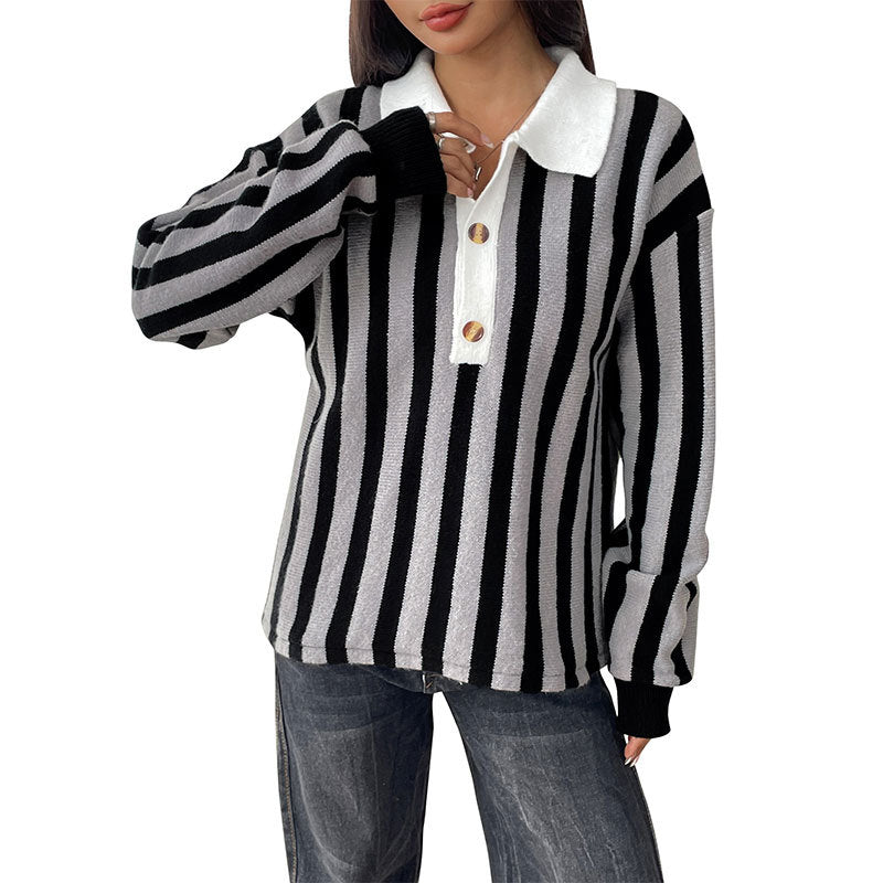 Women's Unisex Style Vertical Stripes Lapel Knitted Sweaters