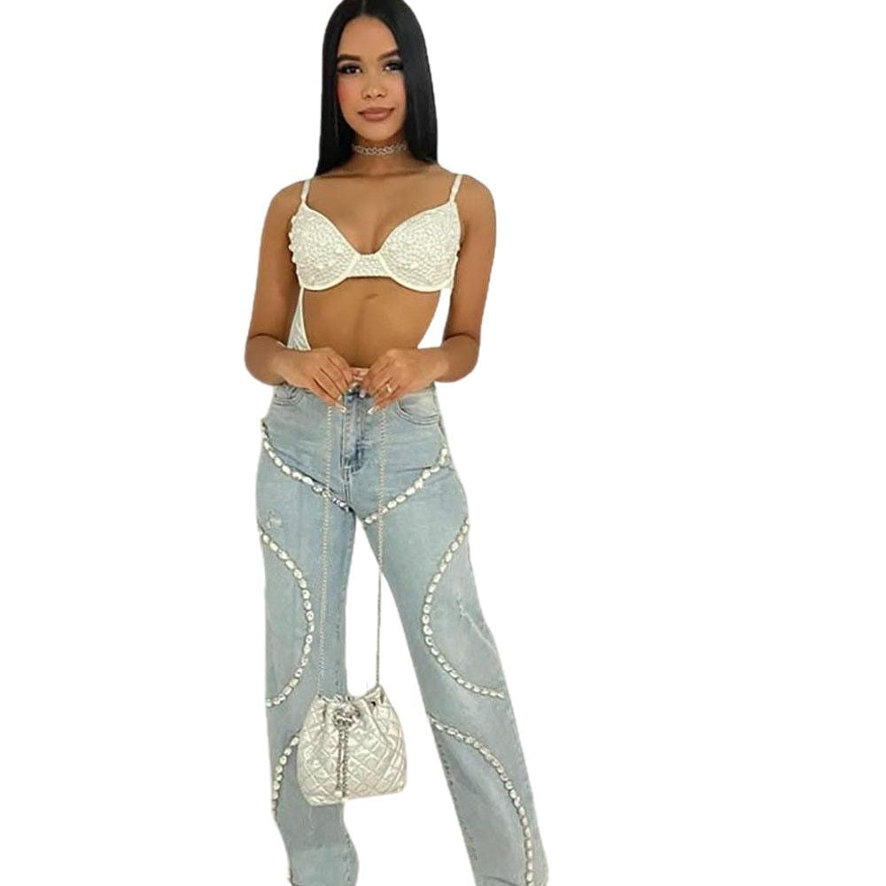Women's Casual Fashion Light Diamond Stitching Straight Jeans