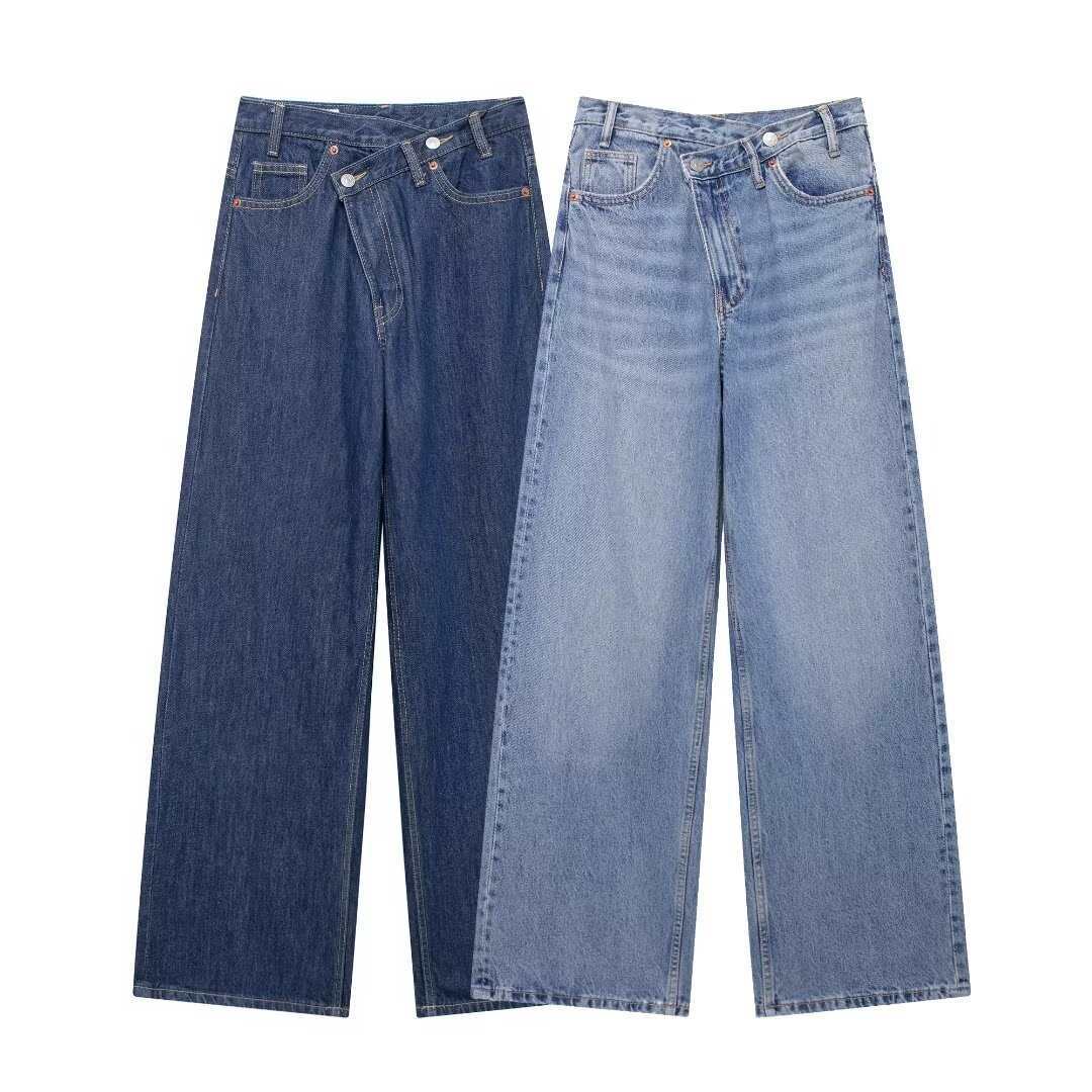 Women's Breasted Thin High Spring Wide Leg Personality Jeans