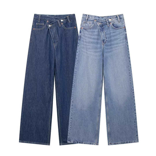 Women's Breasted Thin High Spring Wide Leg Personality Jeans