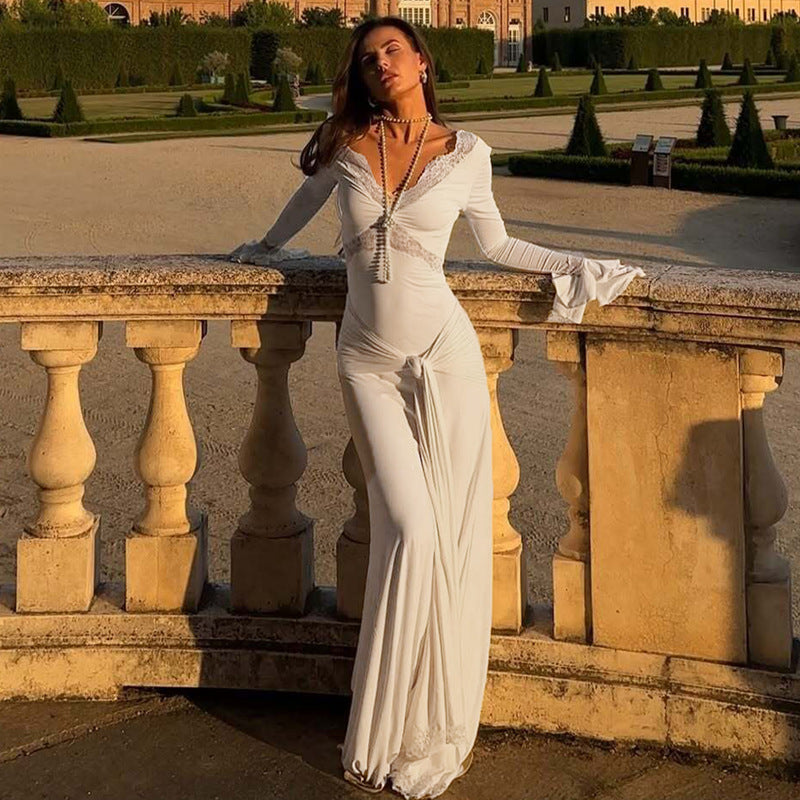 Women's Lace Trim Long Ruffle Sleeve Stitching Dresses