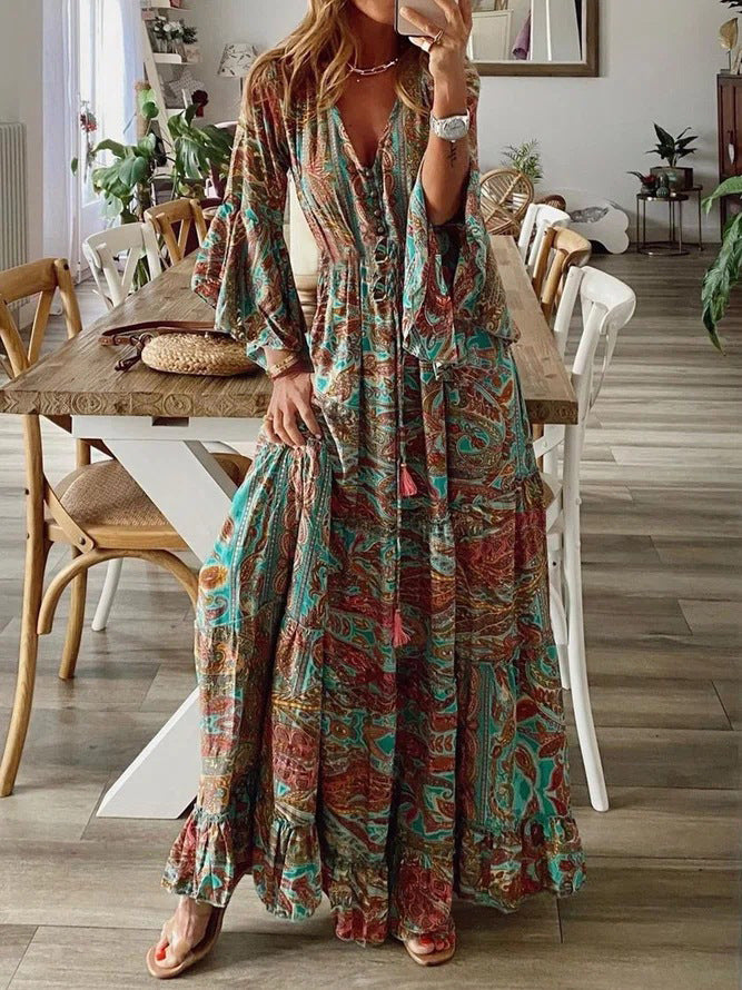 Sleeve Printed High Waist Holiday Dress Dresses