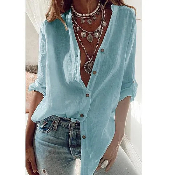 Women's Pure Color Cotton Rollable Sleeves Loose-fitting Blouses