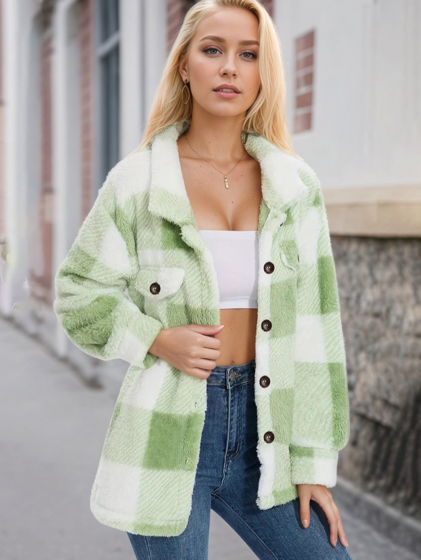 Women's Button Lapel Plush Plaid Loose Casual Coats