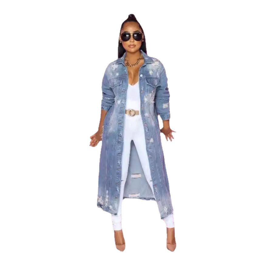 Glamorous Loose Hole Denim Long Cloak Coats