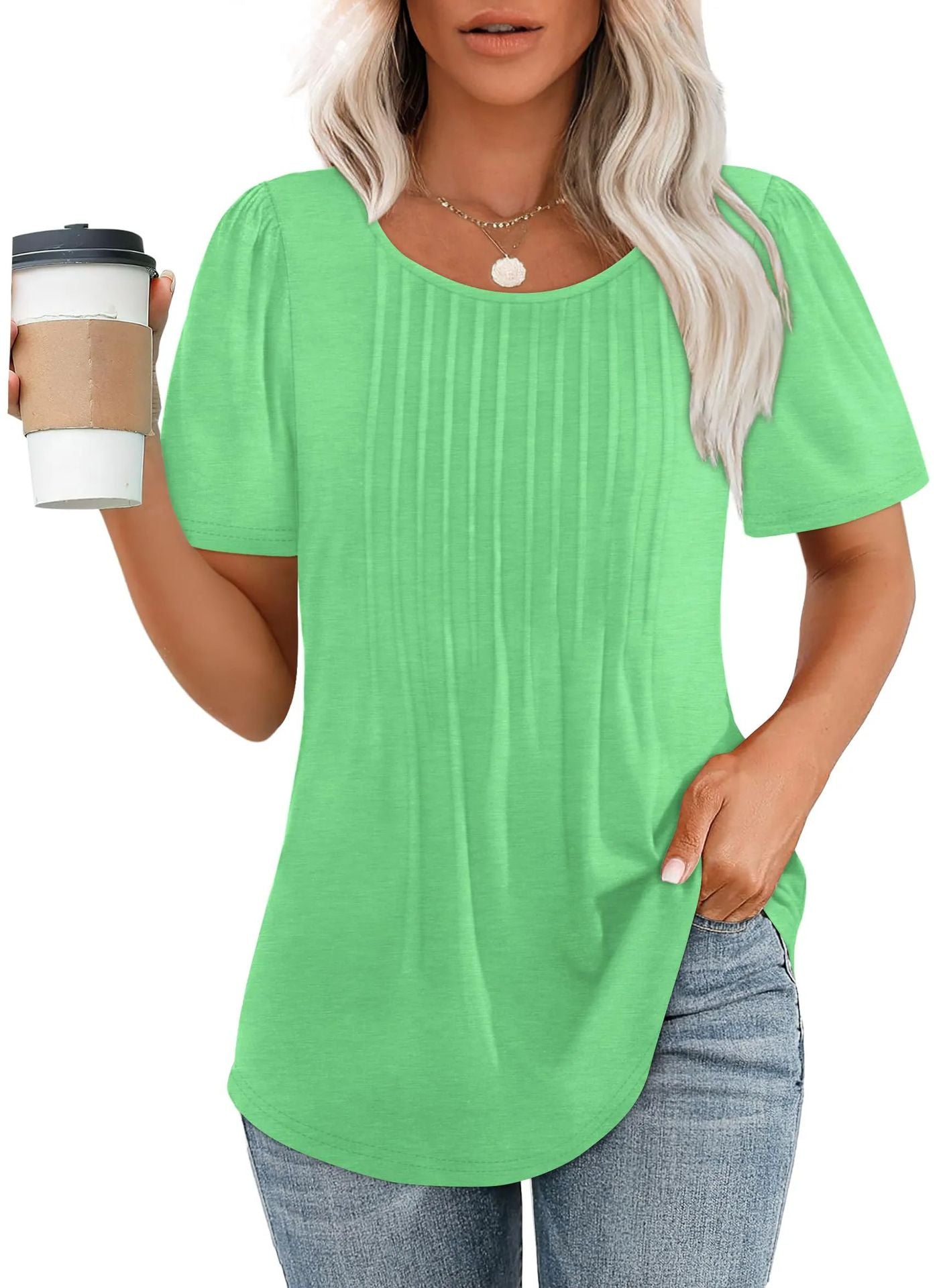 Women's Loose Pleated Round Neck Sleeve T-shirt Stripes Blouses