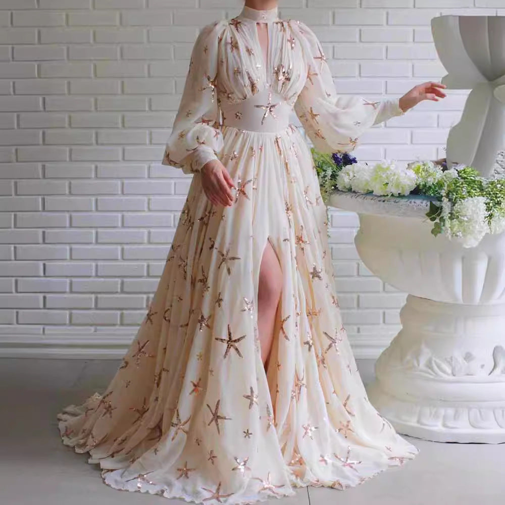 Women's Half Turtleneck Sequined Slit Lantern Sleeve Formal Dresses