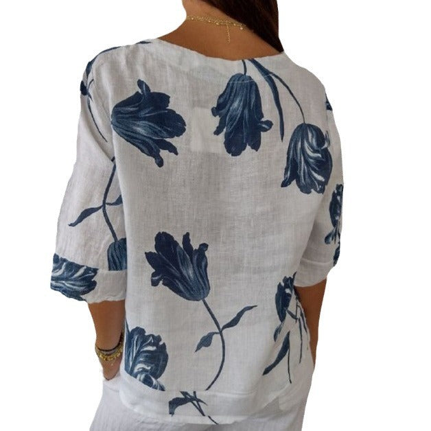 Printed Cotton Linen Short-sleeved Pullover Shirt Blouses