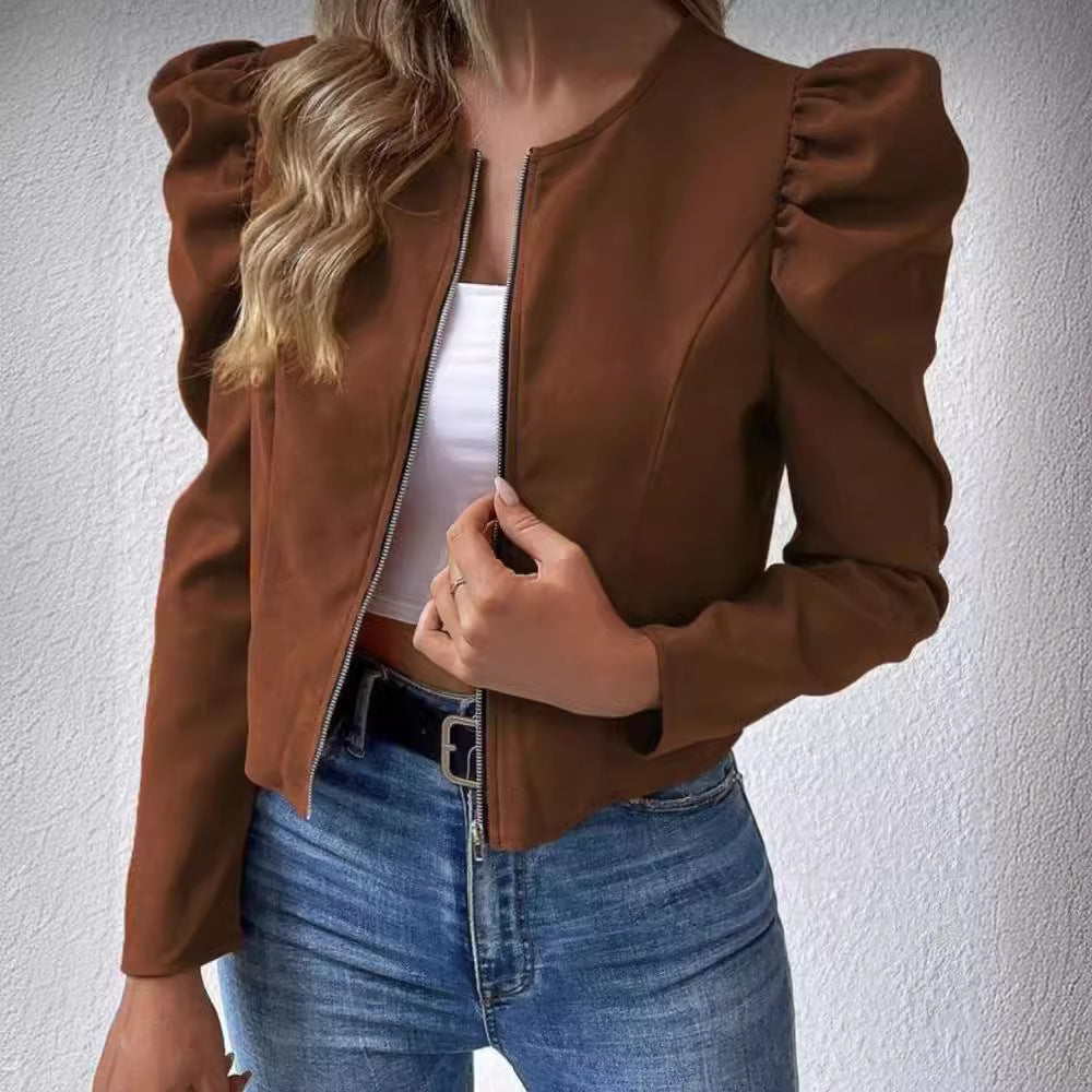 Women's Color Round Neck Zipper Bubble Long Jackets